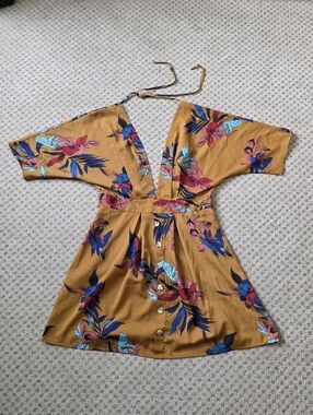 SHEIN Mustard Floral Mini Dress with Pink & Blue Accents